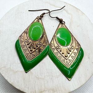 🍭4/$20 Green and Gold Textured Metallic Diamond Dangle Drop Earrings